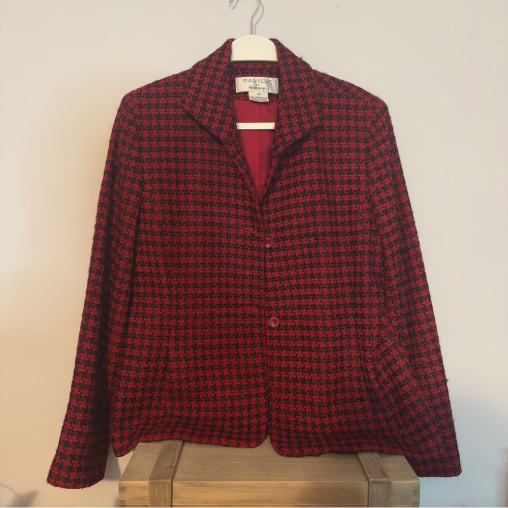 Women's Red and Black Houndstooth Blazer, Saville for Nordstrom, Size 12